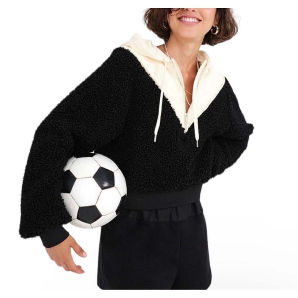 For Love & Lemons Black Sherpa Cozy Cropped Pullover Hoodie Teddy Sweatshirt Y2K